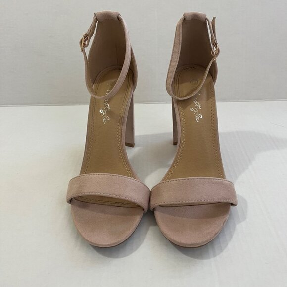 Faux Suede Ankle Strap Open Toe Heel Sandals Sz 7.5 Timeless Romantic Soft Glam - Picture 2 of 7